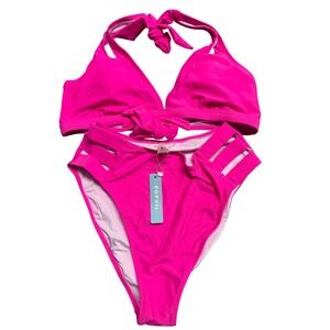 Popvil Beach Hot Pink High Waisted Bikini Set Side Cut Out Halter Top Medium